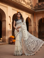 Load image into Gallery viewer, Women's Linen Cotton Printed Saree With Unstitched Blouse 5.5Mtr (Off White)