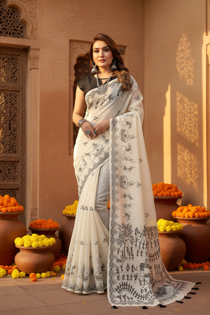 Women's linen cotton printed saree with unstitched blouse 5