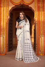Load image into Gallery viewer, Women's Linen Cotton Printed Saree With Unstitched Blouse 5.5Mtr (Off White)