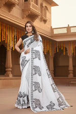 Load image into Gallery viewer, Women's Linen Cotton Printed Saree With Unstitched Blouse 5.5Mtr (White)