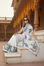 Load image into Gallery viewer, Women's Linen Cotton Printed Saree With Unstitched Blouse 5.5Mtr (White)