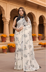 Load image into Gallery viewer, Women's Linen Cotton Printed Saree With Unstitched Blouse 5.5Mtr (Off White)
