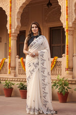 Load image into Gallery viewer, Women's Linen Cotton Printed Saree With Unstitched Blouse 5.5Mtr (Off White)