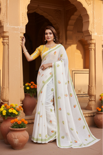 Load image into Gallery viewer, Women's Linen Cotton Printed Saree With Unstitched Blouse 5.5Mtr (White)