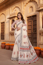 Load image into Gallery viewer, Women's Linen Cotton Printed Saree With Unstitched Blouse 5.5Mtr (Off White)