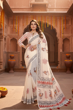 Load image into Gallery viewer, Women's Linen Cotton Printed Saree With Unstitched Blouse 5.5Mtr (Off White)