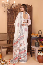 Load image into Gallery viewer, Women's Linen Cotton Printed Saree With Unstitched Blouse 5.5Mtr (Off White)