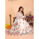 Load image into Gallery viewer, Women's Linen Cotton Printed Saree With Unstitched Blouse 5.5Mtr (Off White)
