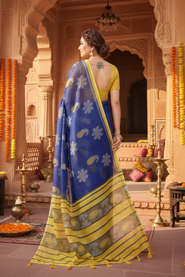Women's linen cotton printed saree with unstitched blouse 5