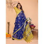 Load image into Gallery viewer, Women's Linen Cotton Printed Saree With Unstitched Blouse 5.5Mtr (Blue)