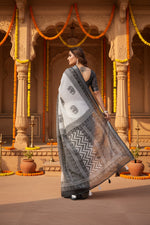 Load image into Gallery viewer, Women's Linen Cotton Printed Saree With Unstitched Blouse 5.5Mtr (White-Black)