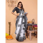 Load image into Gallery viewer, Women's Linen Cotton Printed Saree With Unstitched Blouse 5.5Mtr (White-Black)
