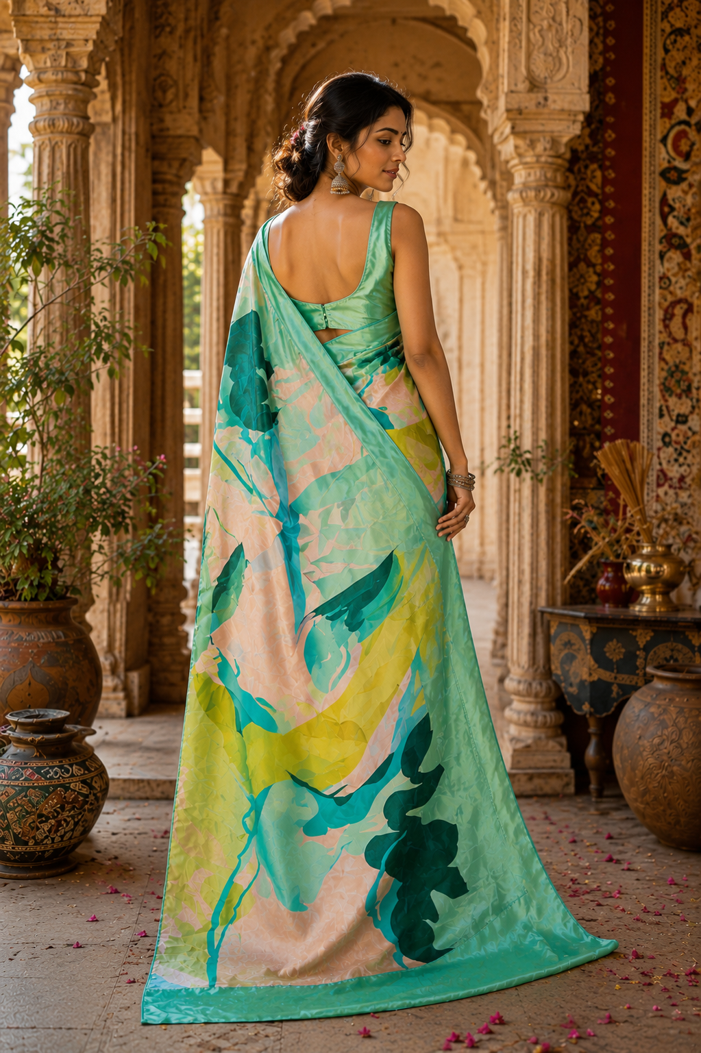 Satin silk printed saree with unstitched blouse(green)