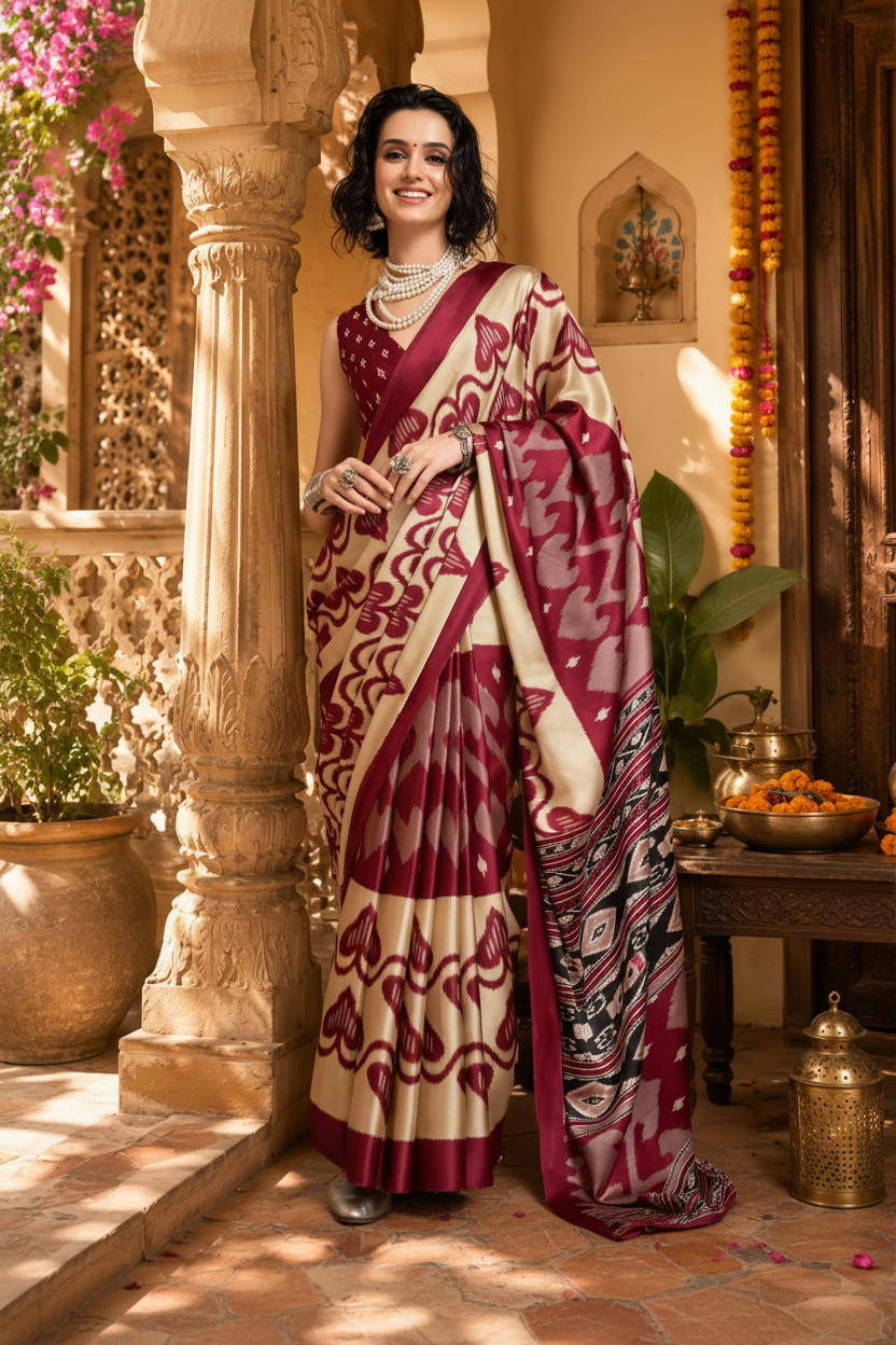 Crepe silk patola printed sarees with unstitched blouse(wine)
