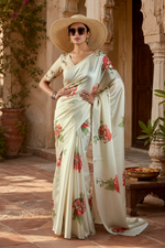 Load image into Gallery viewer, Soft Elegant Satin Georgette Saree With Unstitched Blouse( Cream)