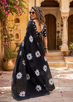 Load image into Gallery viewer, Mulmul Cotton Floral Printed Saree With Unstitched Blouse(Black)