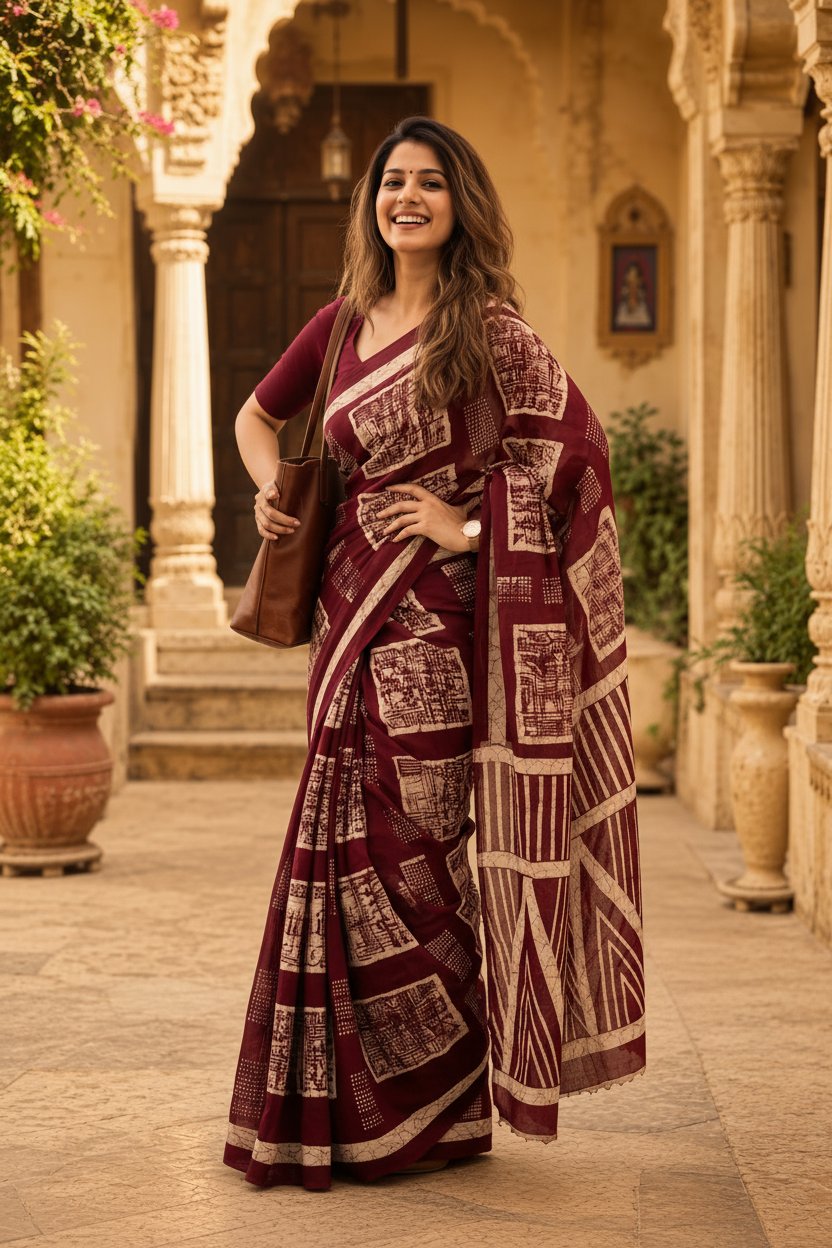 Mulmul cotton batik hand block print saree with unstitched blouse(maroon)
