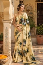 Load image into Gallery viewer, Satin Silk Printed Saree with Unstitched Blouse(Yellow)