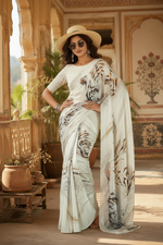 Load image into Gallery viewer, Satin Silk Digital Print Saree With Unstitched Blouse(White)