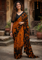 Load image into Gallery viewer, Pure Mulmul Cotton Printed Saree With Unstitched Blouse(Orange)