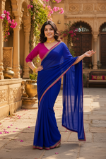 Load image into Gallery viewer, Georgette Lace Border Saree With Unstitched Blouse(Blue)