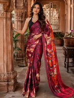 Load image into Gallery viewer, Premium Satin Silk Printed Saree With Unstitched Blouse(Maroon)