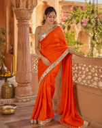 Load image into Gallery viewer, Rangoli Silk Mirror Work Lace Border Saree With Unstitched Blouse(Orange)