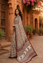 Load image into Gallery viewer, Gajji Silk Ajrakh Printed Saree With Unstitched Blouse(Beige)