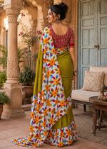 Load image into Gallery viewer, Soft Mulmul Cotton Block Printed Saree With unstitched Blouse(Green)
