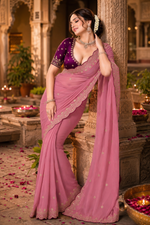 Load image into Gallery viewer, Georgette Border Embroidery Work Designer Saree With Unstitched Blouse(Pink)