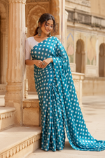 Load image into Gallery viewer, Satin Silk Printed Saree With Unstitched Blouse(Sky Blue)