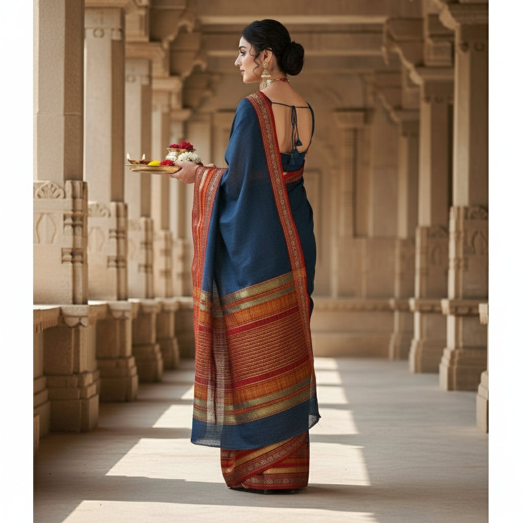 Women's kota doria cotton bordered saree with blouse (navy blue, 5 6 mtrs) kashvii