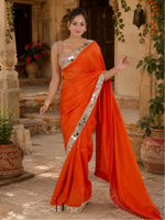Load image into Gallery viewer, Rangoli Silk Mirror Work Lace Border Saree With Unstitched Blouse(Orange)