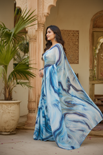 Load image into Gallery viewer, Satin Silk Printed Saree With Unstitched Blouse(Blue)