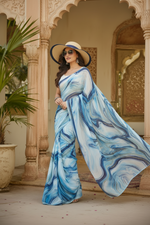 Load image into Gallery viewer, Satin Silk Printed Saree With Unstitched Blouse(Blue)