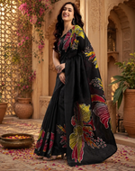 Load image into Gallery viewer, Satin Ajrakh print saree With Unstitched Blouse(Black)