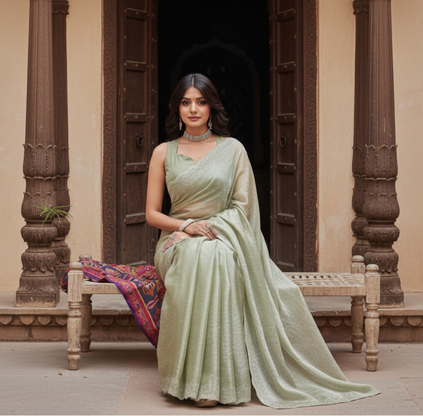 Women's jimmy choo embellished bollywood saree with unstitched blouse 5