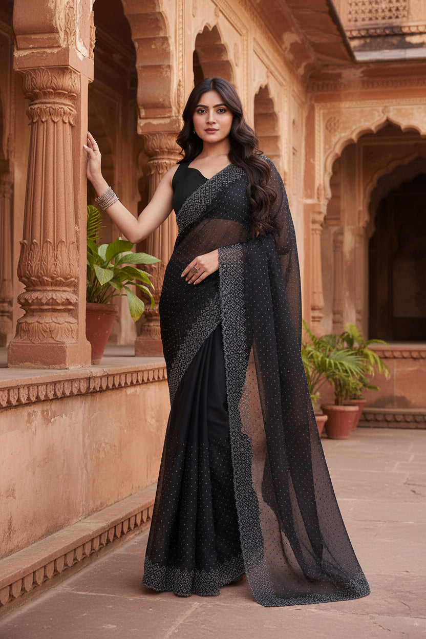 Women's jimmy choo embellished bollywood saree with unstitched blouse 5