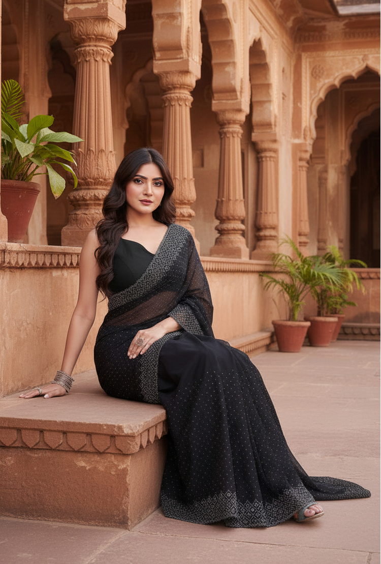 Women's jimmy choo embellished bollywood saree with unstitched blouse 5