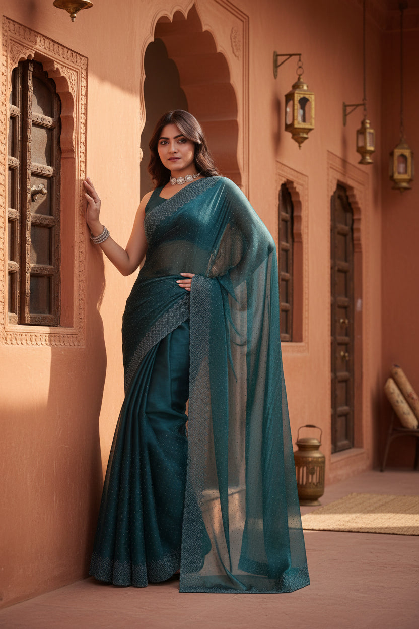 Women's jimmy choo embellished bollywood saree with unstitched blouse 5