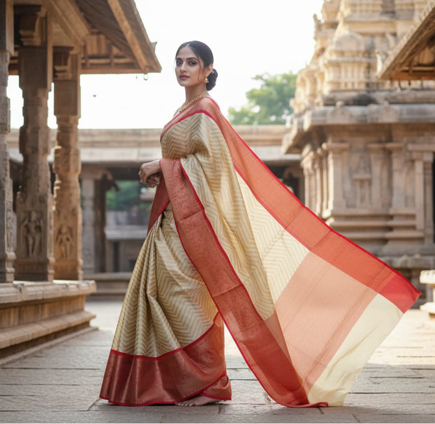 Women's litchi silk printed saree with unstitched blouse (beige) kashvii