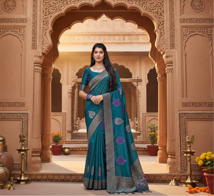Women's litchi silk printed saree with unstitched blouse (rama blue) kashvii