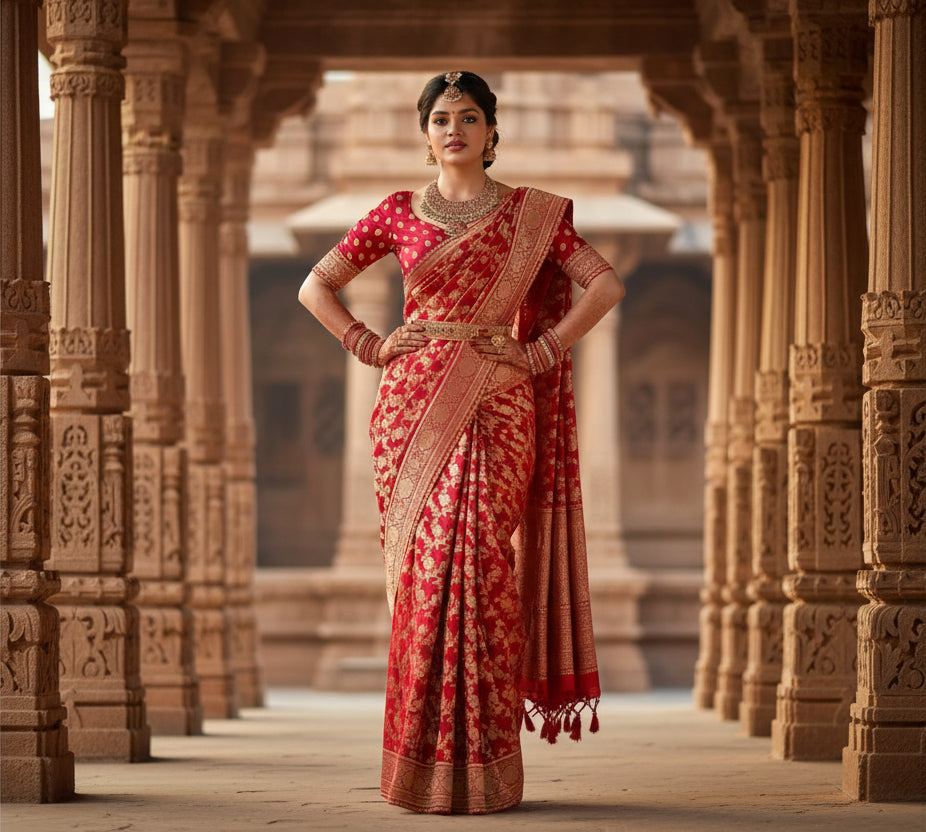 Women's litchi silk printed saree with unstitched blouse (red) kashvii
