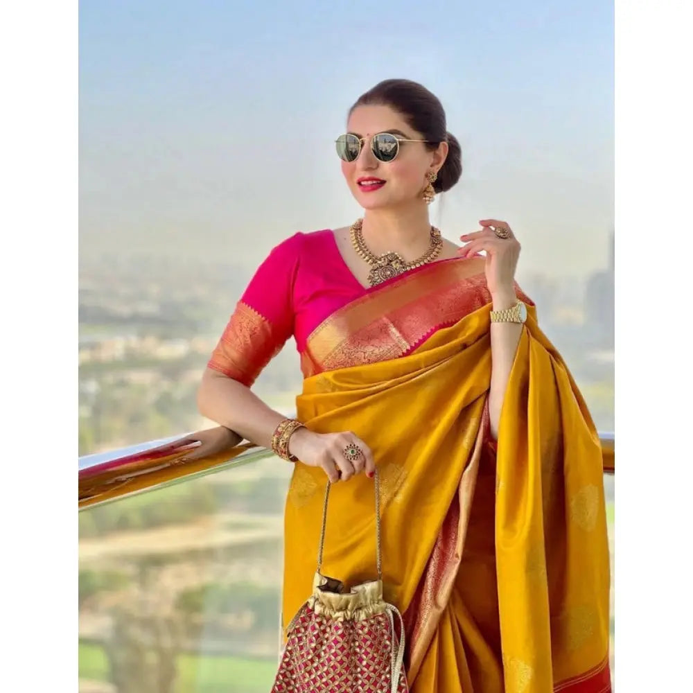 Women's litchi silk printed saree with unstitched blouse (yellow) kashvii