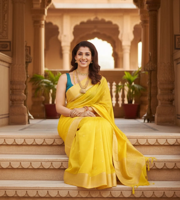 Women's litchi silk printed saree with unstitched blouse (yellow) kashvii