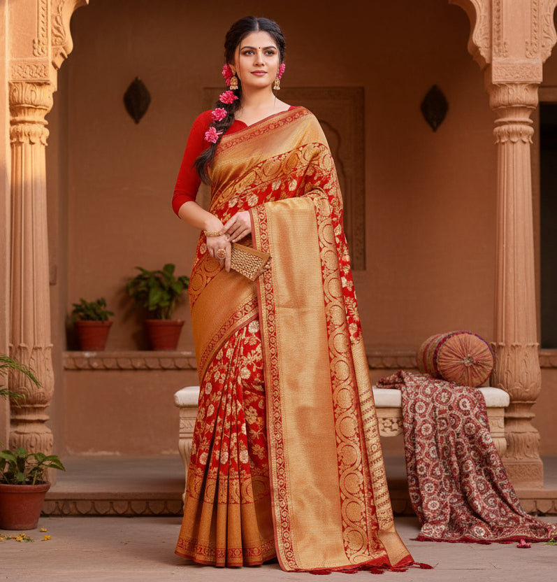 Women's litchi silk printed saree with unstitched blouse (red) kashvii