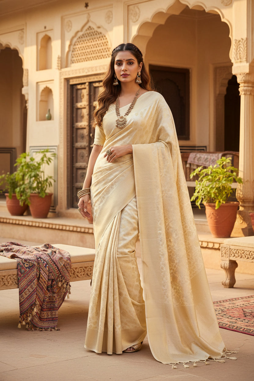 Women's litchi silk printed saree with unstitched blouse (gold) kashvii