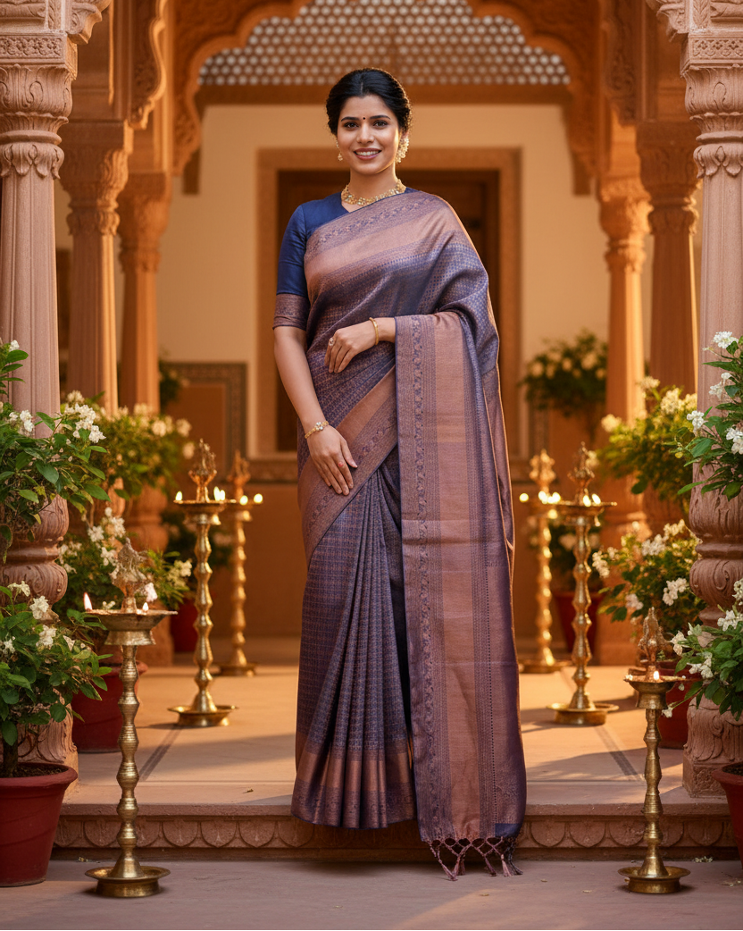 Women's litchi silk printed saree with unstitched blouse (navy blue) kashvii