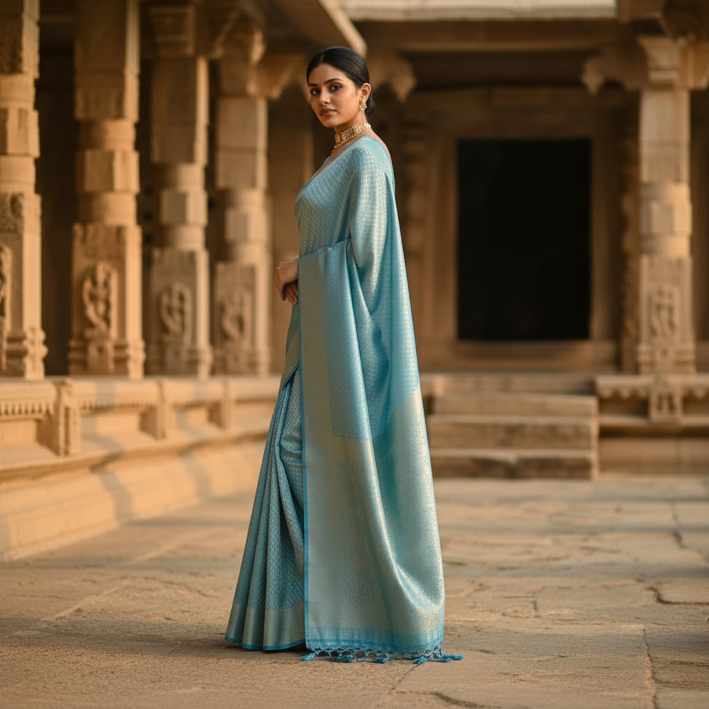 Women's litchi silk printed saree with unstitched blouse (sky blue)