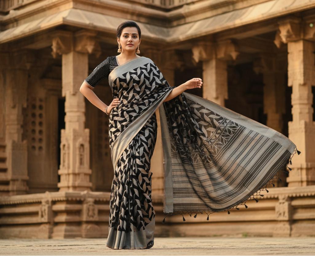 Women's litchi silk printed saree with unstitched blouse (black) kashvii